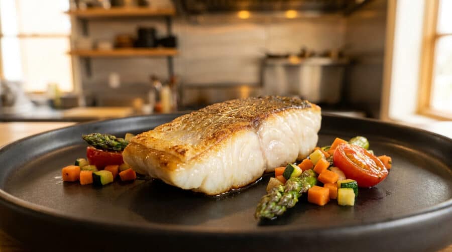 Un filet de dos de cabillaud doré à la poêle, servi sur une assiette noire avec des légumes croquants.