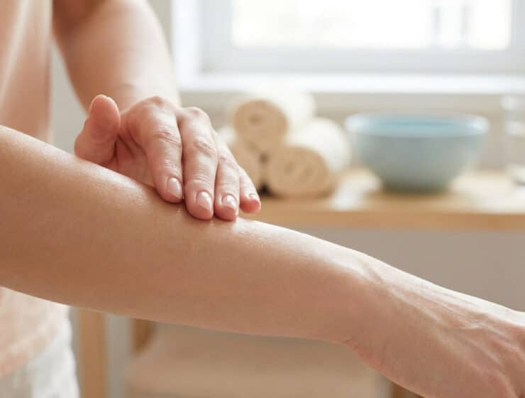 Une personne applique une crème hydratante sur son bras dans une salle de bain lumineuse.