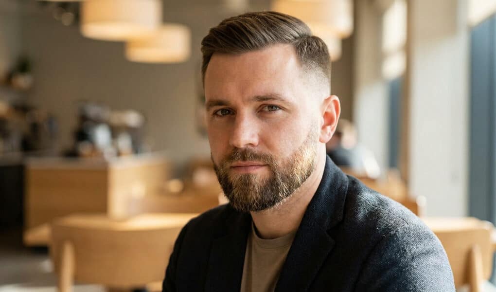 Homme élégant avec une barbe dégradée soignée et une coiffure courte moderne dans un café.