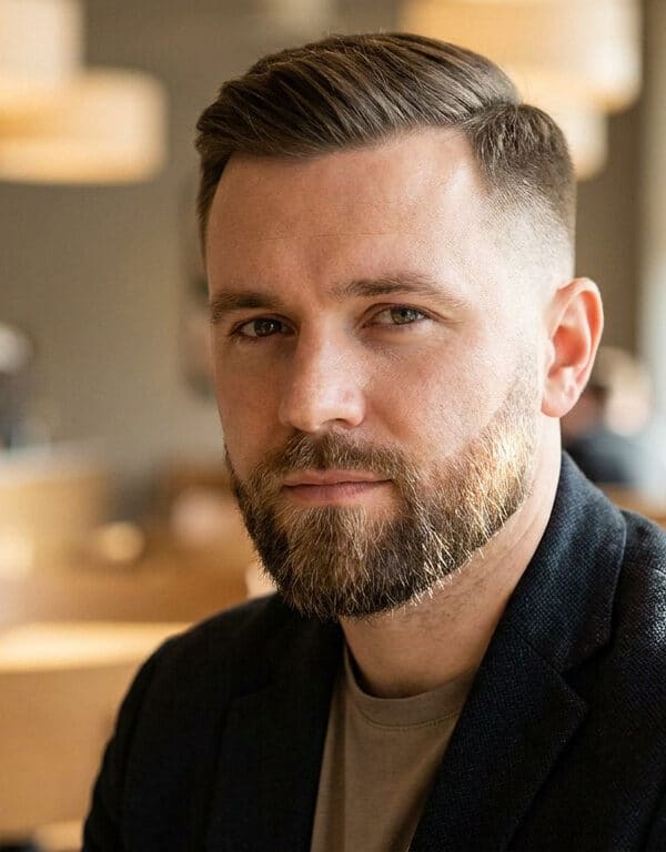 Homme élégant avec une barbe dégradée soignée et une coiffure courte moderne dans un café.