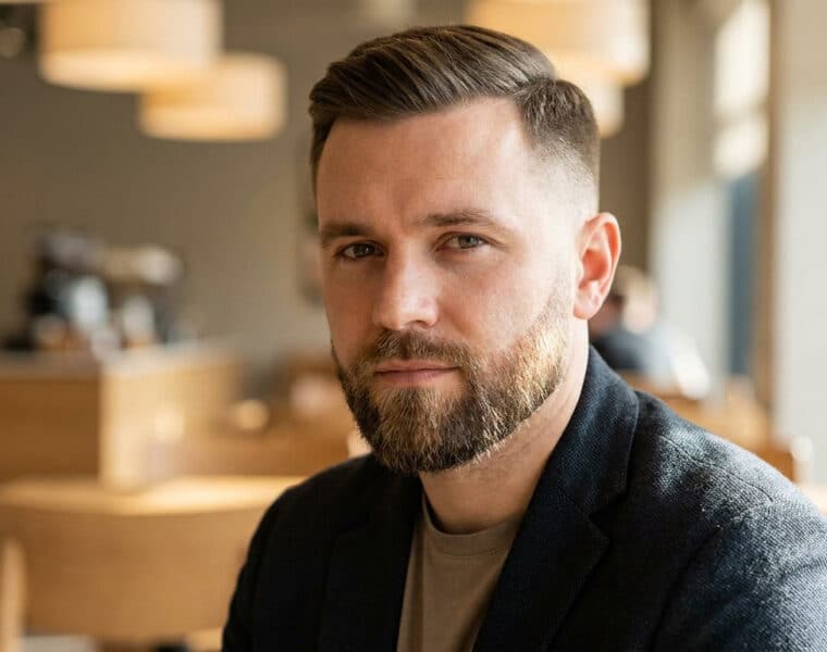 Homme élégant avec une barbe dégradée soignée et une coiffure courte moderne dans un café.