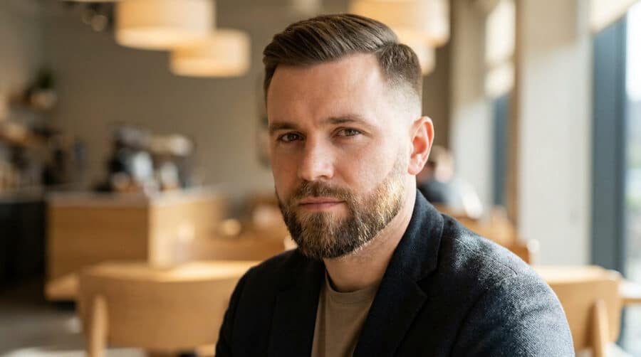 Homme élégant avec une barbe dégradée soignée et une coiffure courte moderne dans un café.