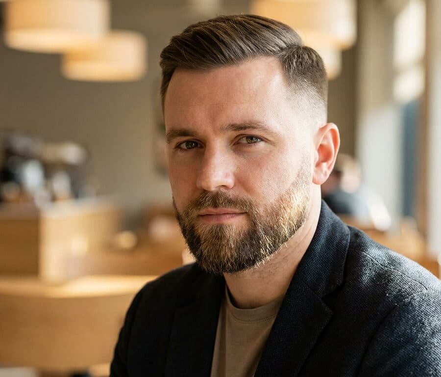 Homme élégant avec une barbe dégradée soignée et une coiffure courte moderne dans un café.