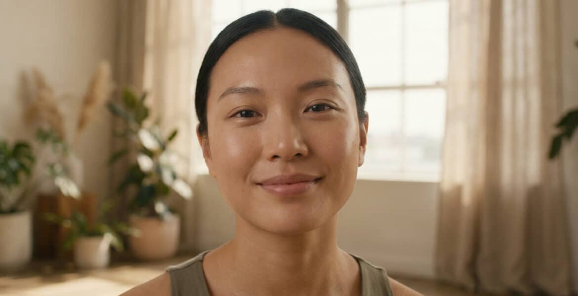 Portrait d'une femme souriante au teint mat naturel et lumineux dans un intérieur doux.