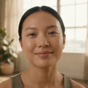 Portrait d'une femme souriante au teint mat naturel et lumineux dans un intérieur doux.
