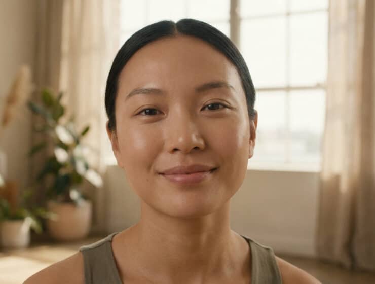 Portrait d'une femme souriante au teint mat naturel et lumineux dans un intérieur doux.