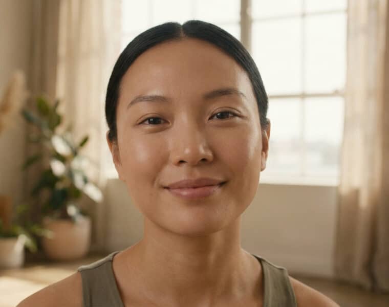 Portrait d'une femme souriante au teint mat naturel et lumineux dans un intérieur doux.
