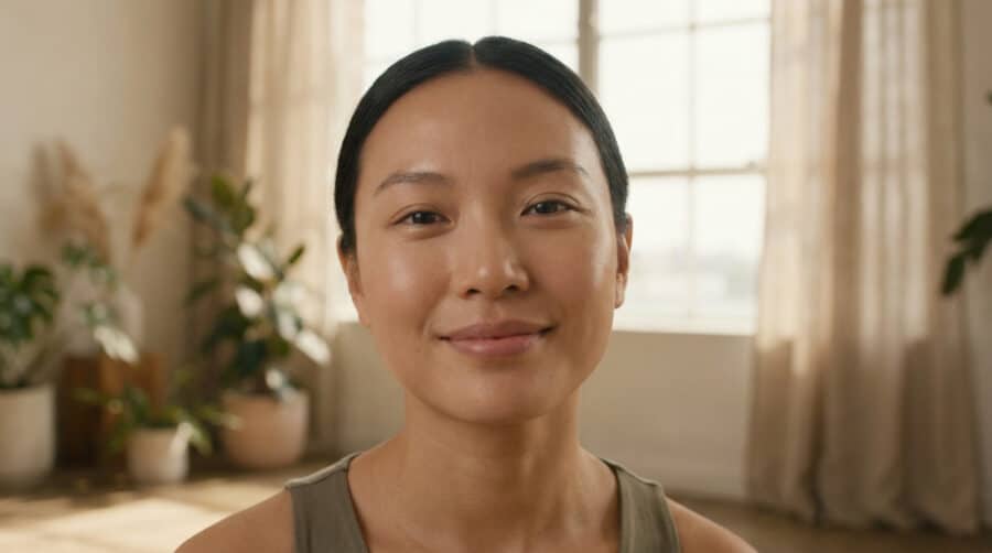 Portrait d'une femme souriante au teint mat naturel et lumineux dans un intérieur doux.