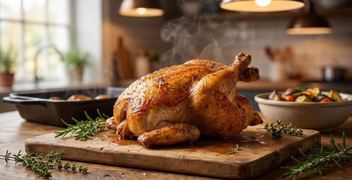 Poulet fermier rôti tout juste sorti du four, fumant sur une planche en bois avec des herbes aromatiques.