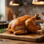 Poulet fermier rôti tout juste sorti du four, fumant sur une planche en bois avec des herbes aromatiques.