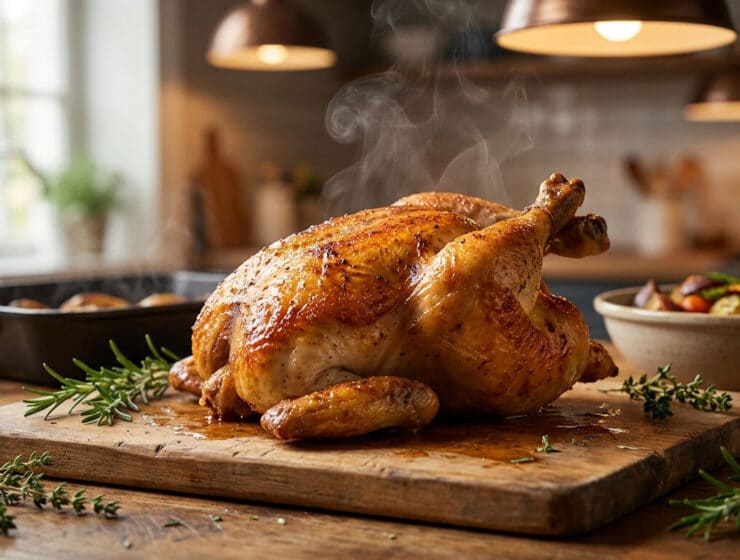 Poulet fermier rôti tout juste sorti du four, fumant sur une planche en bois avec des herbes aromatiques.