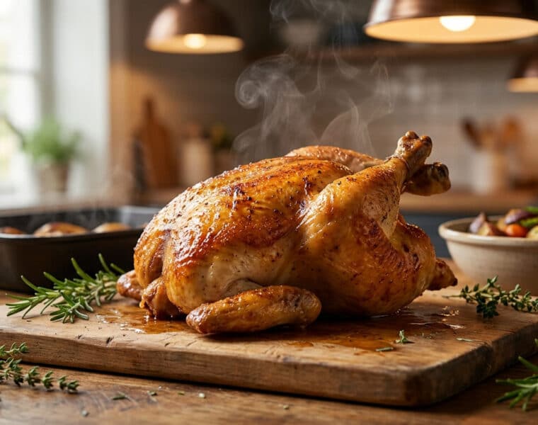 Poulet fermier rôti tout juste sorti du four, fumant sur une planche en bois avec des herbes aromatiques.