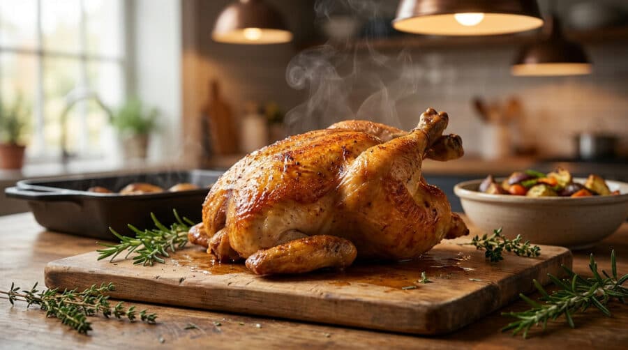 Poulet fermier rôti tout juste sorti du four, fumant sur une planche en bois avec des herbes aromatiques.