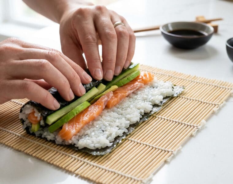 Mains en gros plan roulant un maki avec du saumon, de l'avocat et du riz sur une natte en bambou.