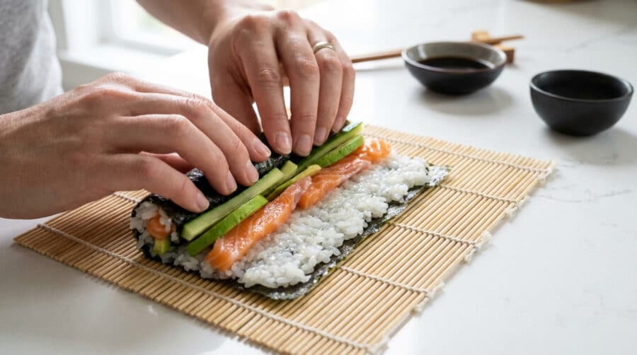 Mains en gros plan roulant un maki avec du saumon, de l'avocat et du riz sur une natte en bambou.