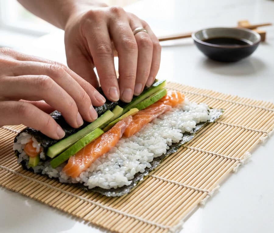 Mains en gros plan roulant un maki avec du saumon, de l'avocat et du riz sur une natte en bambou.