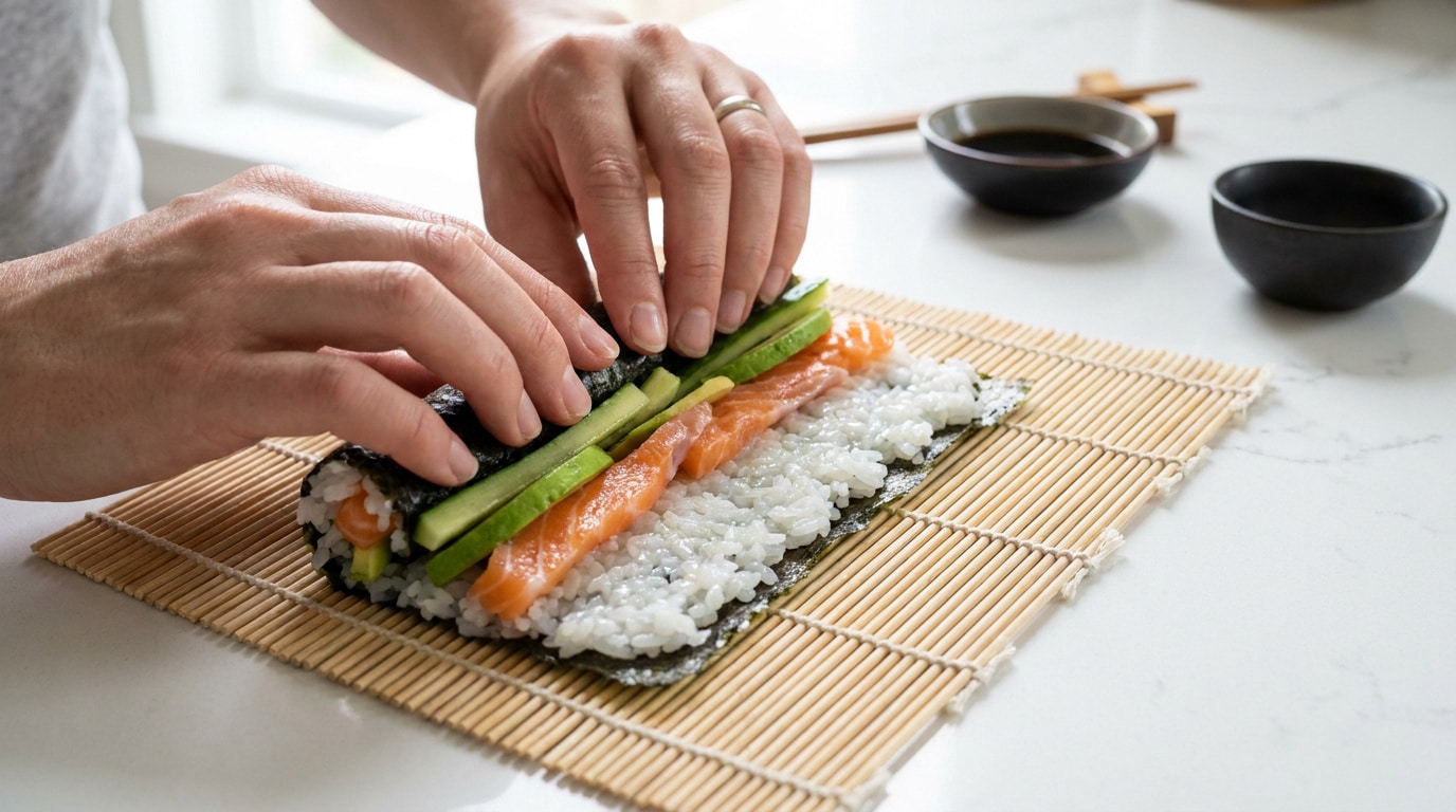 Mains en gros plan roulant un maki avec du saumon, de l'avocat et du riz sur une natte en bambou.