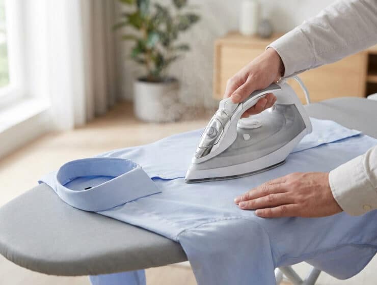 Une personne repasse une chemise bleue claire sur une planche à repasser avec un fer à vapeur.