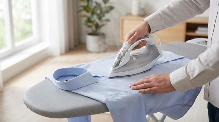 Une personne repasse une chemise bleue claire sur une planche à repasser avec un fer à vapeur.