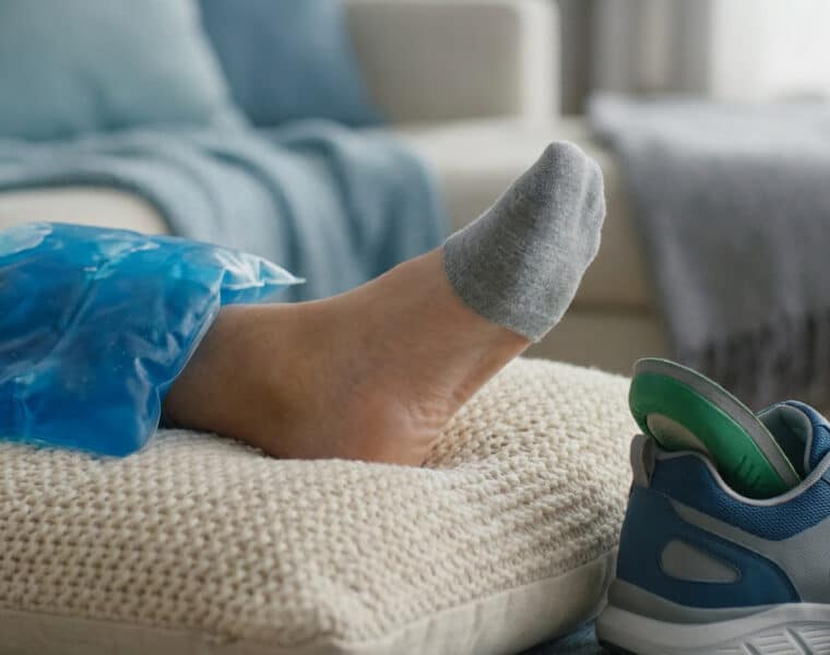 Un pied reposant sur un coussin avec une poche de glace bleue, une chaussure de sport avec semelle orthopédique à côté.