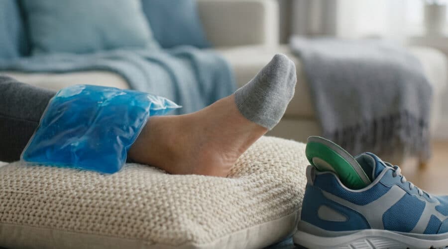Un pied reposant sur un coussin avec une poche de glace bleue, une chaussure de sport avec semelle orthopédique à côté.
