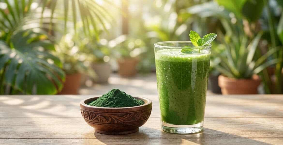 Un verre de smoothie vert et un bol de poudre de spiruline sur une table en bois avec des plantes en arrière-plan.