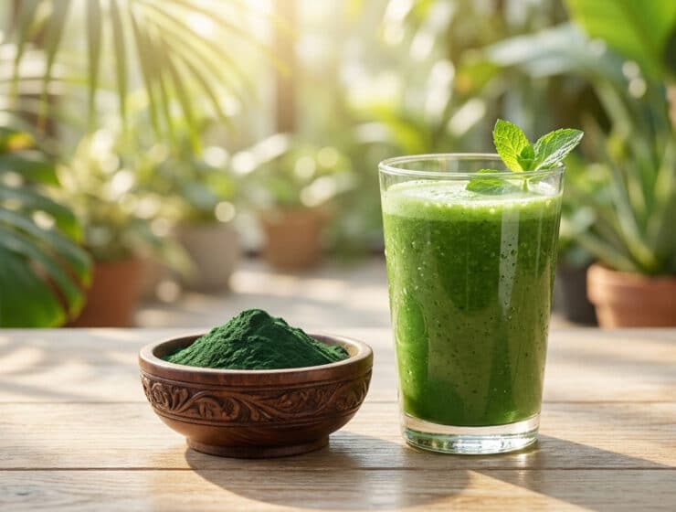 Un verre de smoothie vert et un bol de poudre de spiruline sur une table en bois avec des plantes en arrière-plan.