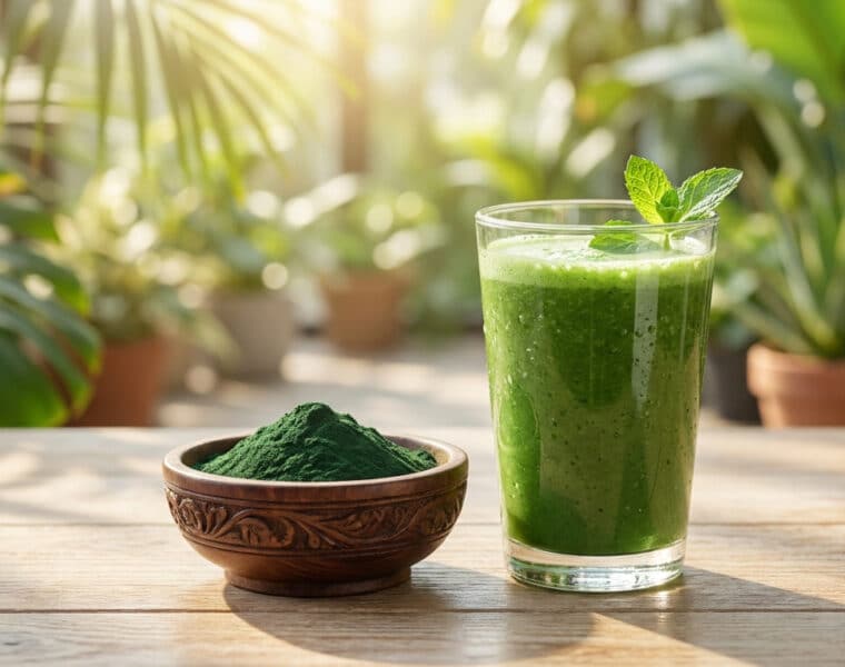 Un verre de smoothie vert et un bol de poudre de spiruline sur une table en bois avec des plantes en arrière-plan.