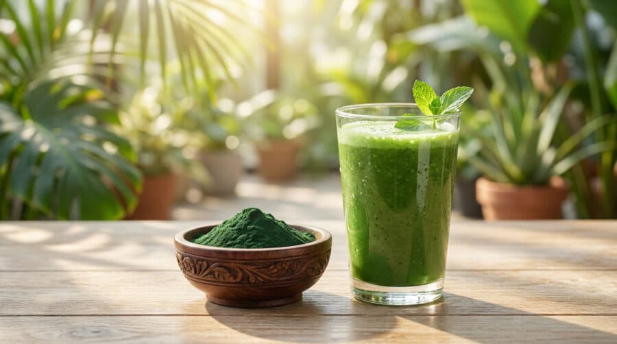 Un verre de smoothie vert et un bol de poudre de spiruline sur une table en bois avec des plantes en arrière-plan.
