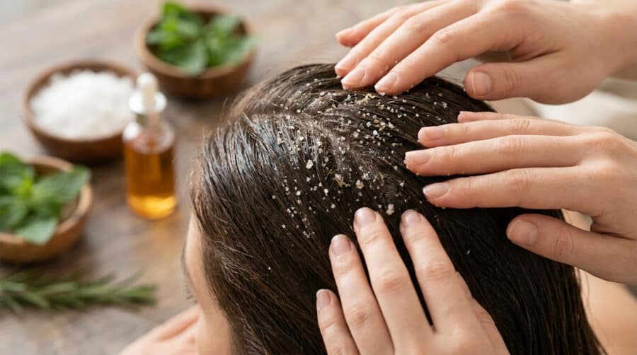 Mains massant un cuir chevelu avec un gommage au sel exfoliant près d'ingrédients naturels.