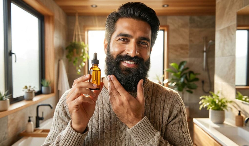Un homme souriant tenant un flacon d'huile de ricin dans une salle de bain lumineuse pour entretenir sa barbe fournie.