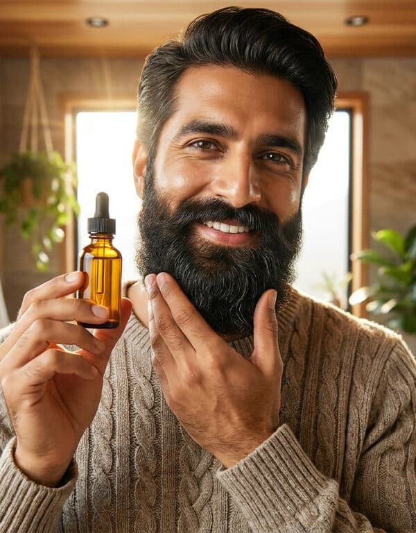 Un homme souriant tenant un flacon d'huile de ricin dans une salle de bain lumineuse pour entretenir sa barbe fournie.