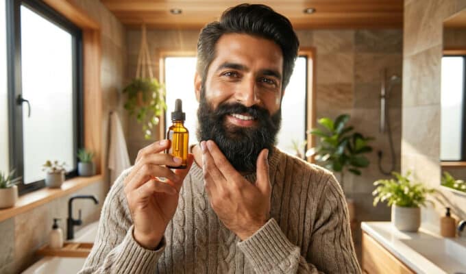 Un homme souriant tenant un flacon d'huile de ricin dans une salle de bain lumineuse pour entretenir sa barbe fournie.