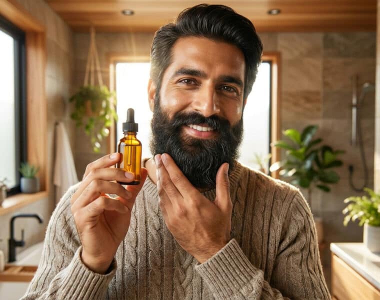 Un homme souriant tenant un flacon d'huile de ricin dans une salle de bain lumineuse pour entretenir sa barbe fournie.