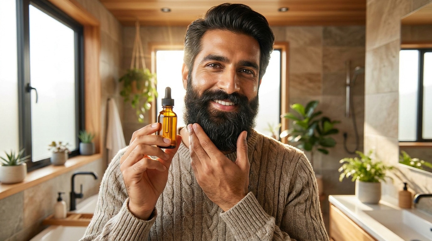 Un homme souriant tenant un flacon d'huile de ricin dans une salle de bain lumineuse pour entretenir sa barbe fournie.