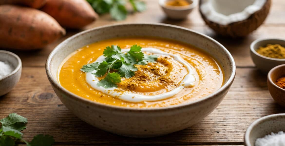 Un bol de soupe à la patate douce garni de crème de coco et de coriandre fraîche sur une table en bois.