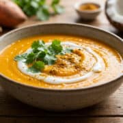 Un bol de soupe à la patate douce garni de crème de coco et de coriandre fraîche sur une table en bois.