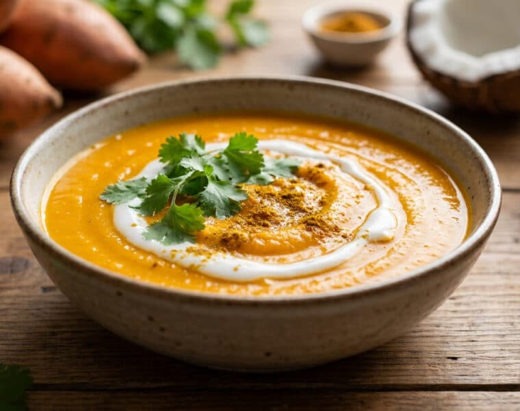 Un bol de soupe à la patate douce garni de crème de coco et de coriandre fraîche sur une table en bois.