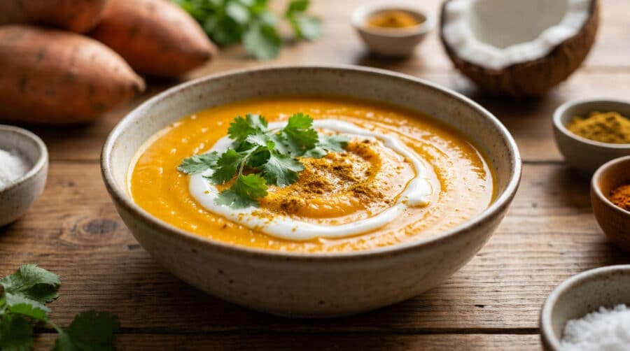 Un bol de soupe à la patate douce garni de crème de coco et de coriandre fraîche sur une table en bois.