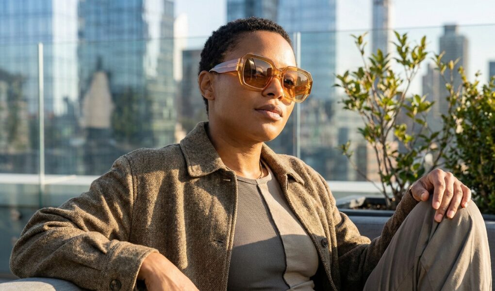 Femme portant des lunettes de soleil oversize ambrées sur un rooftop urbain.