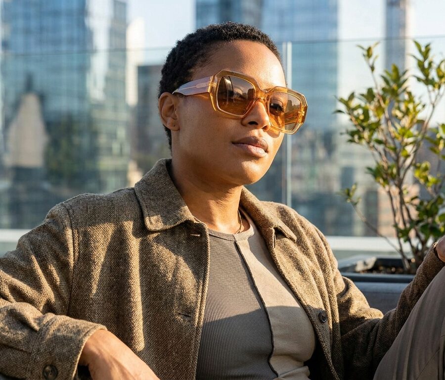 Femme portant des lunettes de soleil oversize ambrées sur un rooftop urbain.