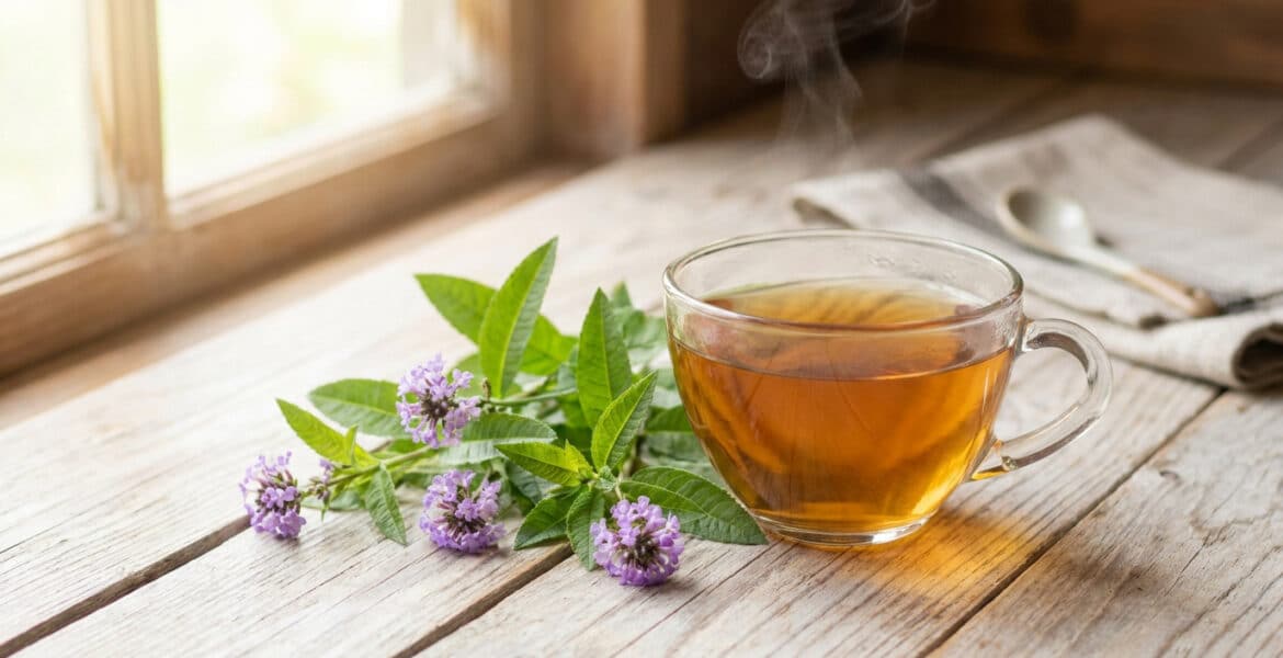 Une tasse de tisane à la verveine fumante posée sur une table en bois à côté de fleurs de verveine fraîches.