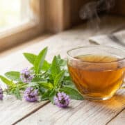 Une tasse de tisane à la verveine fumante posée sur une table en bois à côté de fleurs de verveine fraîches.