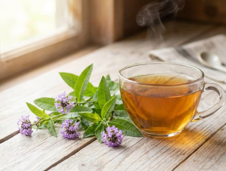 Une tasse de tisane à la verveine fumante posée sur une table en bois à côté de fleurs de verveine fraîches.