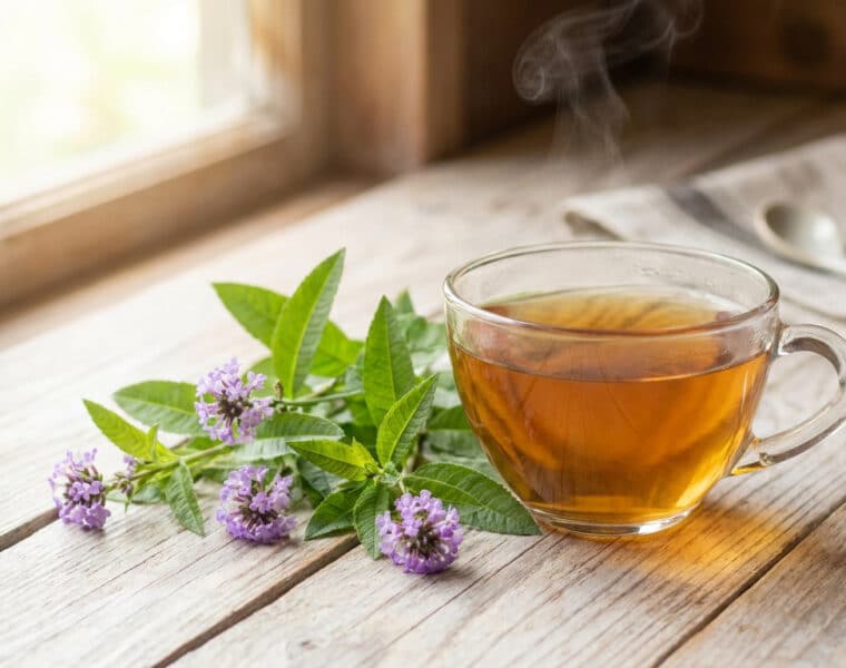 Une tasse de tisane à la verveine fumante posée sur une table en bois à côté de fleurs de verveine fraîches.