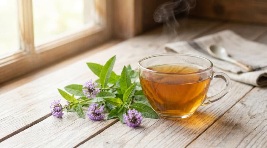 Une tasse de tisane à la verveine fumante posée sur une table en bois à côté de fleurs de verveine fraîches.