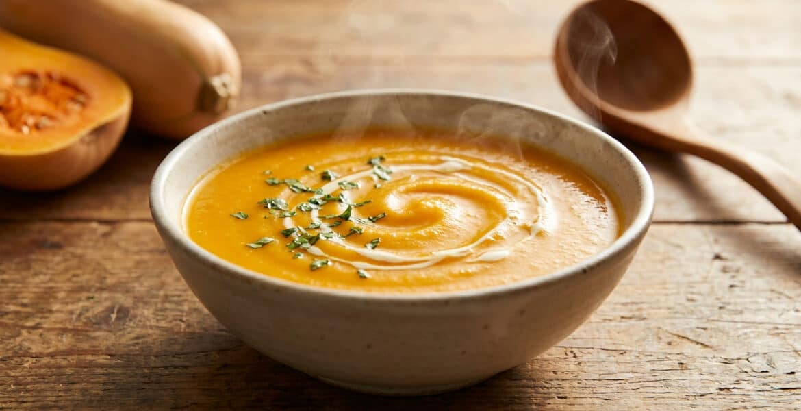 Un bol de soupe au butternut fumante garni de crème et d'herbes sur une table en bois rustique.