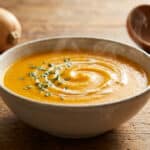 Un bol de soupe au butternut fumante garni de crème et d'herbes sur une table en bois rustique.