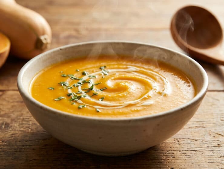 Un bol de soupe au butternut fumante garni de crème et d'herbes sur une table en bois rustique.