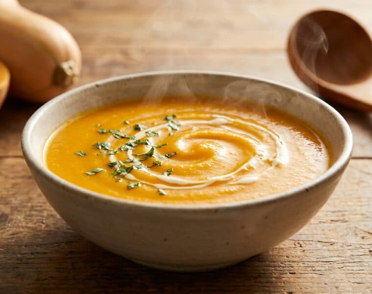 Un bol de soupe au butternut fumante garni de crème et d'herbes sur une table en bois rustique.